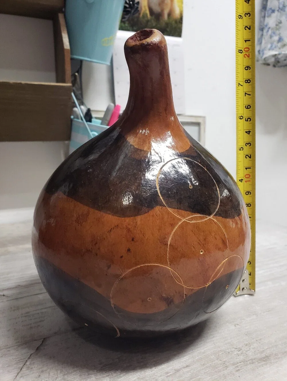 Vintage Hand-Carved Bottle Gourd Etched Tribal Design Home Decor Farmhouse Boho